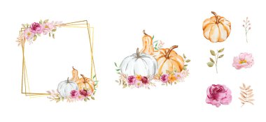 Altın sonbahar çerçeveleri suluboya balkabaklarıyla, çiçeklerle. sonbahar yaprakları, tasarım ve baskı için