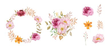 Sonbahar çelengi, suluboya çiçekleri, sonbahar yaprakları, tasarım ve baskı için.