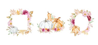 Suluboya sonbahar çerçeveleri balkabakları, çiçekler, basım ve tasarım için sonbahar yaprakları