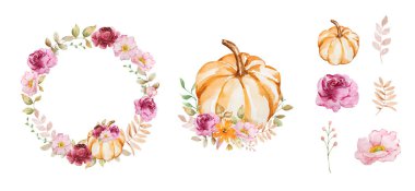 Sonbahar çelengi, suluboya balkabaklarıyla, çiçeklerle, sonbahar yapraklarıyla dizilmiş tasarım ve baskı için.