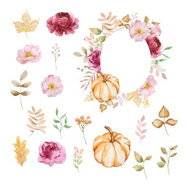 Kabaklı suluboya sonbahar çerçevesi, baskı ve tasarım için dökülen yapraklar