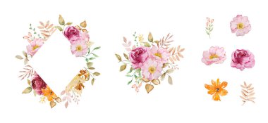 Çiçeklerle suluboya sonbahar çerçeveleri, baskı ve tasarım için sonbahar yaprakları