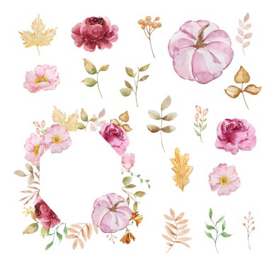 Kabaklı suluboya sonbahar çerçevesi, baskı ve tasarım için dökülen yapraklar