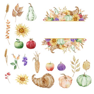 Sonbahar suluboya altın çerçeveli balkabağı, ayçiçeği, cornucopia şükran günü için yapraklar