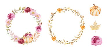 Sonbahar çelengi, suluboya balkabaklarıyla, çiçeklerle, sonbahar yapraklarıyla dizilmiş tasarım ve baskı için.