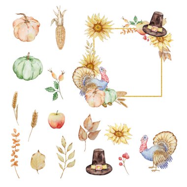 Sonbahar suluboya altın çerçeveli balkabağı, ayçiçeği, hindi, sonbahar yaprakları Şükran Günü tasarımı için