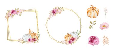Altın sonbahar çerçeveleri suluboya balkabaklarıyla, çiçeklerle. sonbahar yaprakları, tasarım ve baskı için