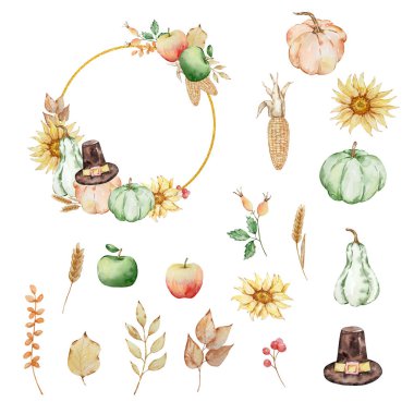 Sonbahar suluboya altın çerçeveli balkabağı, ayçiçeği, sonbahar yaprakları Şükran Günü tasarımı için