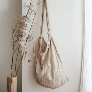 Eko pamuk alışveriş çantası, şık bir arka plan, keten çanta.
