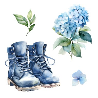 Mavi ortanca dalından bir suluboya seti çizmeli, çiçek resimli