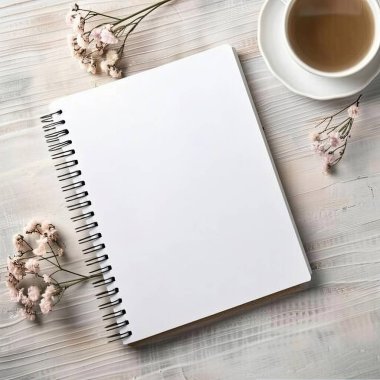 Spiral defter modeli, boş not defteri günlüğü, tahta arka planda çay fincanı, boho tarzı.