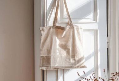 Boho Chic Eco Poşet Bej arka planlı, keten çantalı 