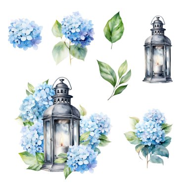 Suluboya mavi ortanca seti, eski fener, çiçek çizimi.