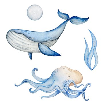 Deniz hayvanlarının altındaki suluboya set, mavi su kreşi.