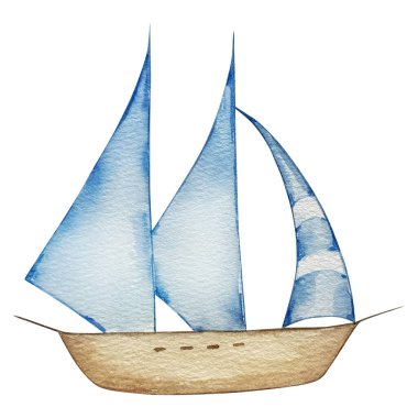 Suluboya klasik yelkenli, kart tasarımı ve baskısı için çocuk odası rüyaları çizimi