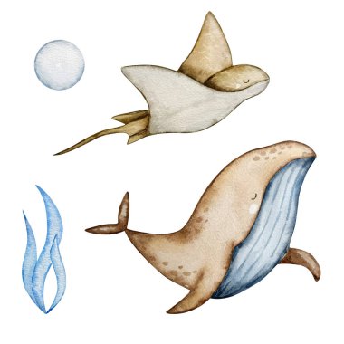 Deniz hayvanlarının altındaki suluboya set, mavi su kreşi.