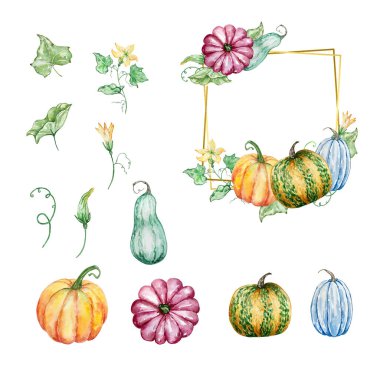 Kabaklı suluboya sonbahar altın çerçevesi baskı ve tasarım için dökülen yapraklar, pürüzsüz