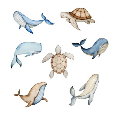 Deniz hayvanlarının altındaki suluboya set, mavi su kreşi.