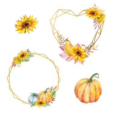 Suluboya sonbahar altın çerçeveleri, balkabağı ve sonbahar yaprakları ile dikişsiz baskı ve tasarım için dizayn