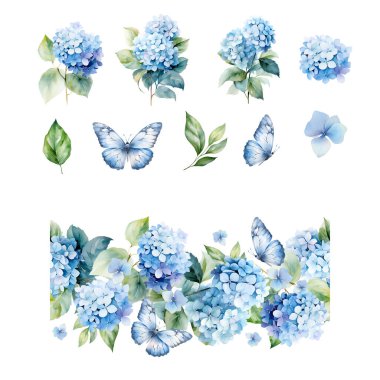 Suluboya mavi ortanca setiyle kusursuz sınır, kartlar ve baskılar için çiçek dekoru tasarımı