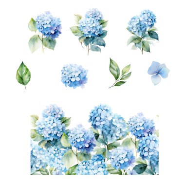 Suluboya mavi ortanca setiyle kusursuz sınır, kartlar ve baskılar için çiçek dekoru tasarımı