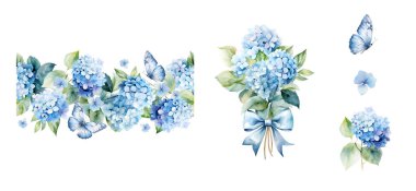 Suluboya mavi ortanca seti, kartlar ve baskılar için çiçek dekoru tasarımı ile kusursuz sınırlar