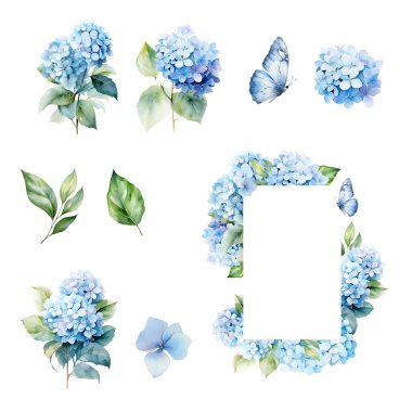 Suluboya mavi ortanca seti olan çerçeve, kart ve baskı için çiçek dekoru tasarımı