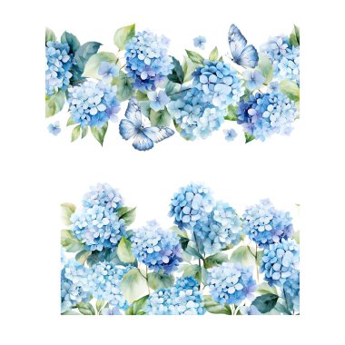 Suluboya mavi ortanca seti, kartlar ve baskılar için çiçek dekoru tasarımı ile kusursuz sınırlar