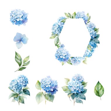 Suluboya mavi ortanca seti olan çerçeve, kart ve baskı için çiçek dekoru tasarımı