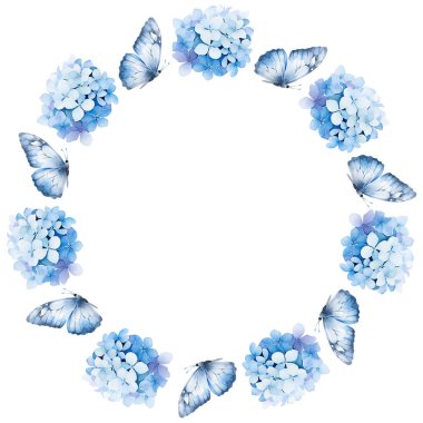 Suluboya ortanca ve kelebekli çelenk, kart ve baskı için çiçek tasarımı