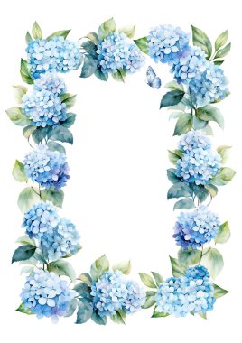 Suluboya ortanca, kelebek ve yapraklı çelenk, kart ve baskı için çiçek tasarımı