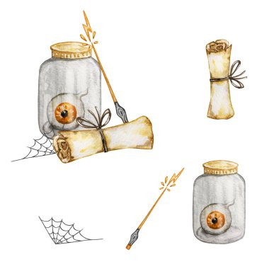 Cadı kavanozlu suluboya cadılar bayramı illüstrasyonu, sihirli değnek ve büyüler, kart ve baskı tasarımı 