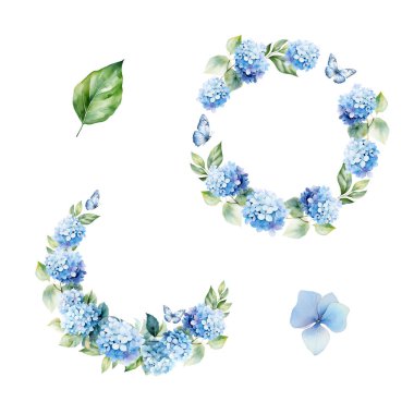 Suluboya ortanca ve yapraklı çelenk, kart ve baskı için çiçek tasarımı