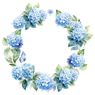 Suluboya ortanca, kelebek ve yapraklı çelenk, kart ve baskı için çiçek tasarımı