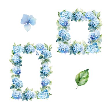 Suluboya ortanca ve yapraklı çelenk, kart ve baskı için çiçek tasarımı