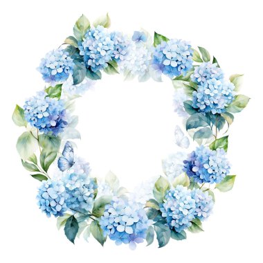 Suluboya ortanca, kelebek ve yapraklı çelenk, kart ve baskı için çiçek tasarımı