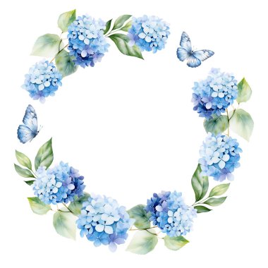 Suluboya ortanca, kelebek ve yapraklı çelenk, kart ve baskı için çiçek tasarımı