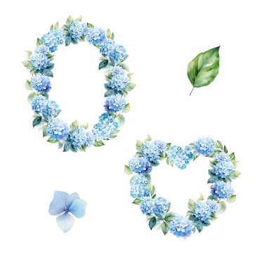 Suluboya ortanca ve yapraklı çelenk, kart ve baskı için çiçek tasarımı