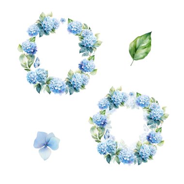 Suluboya ortanca ve yapraklı çelenk, kart ve baskı için çiçek tasarımı