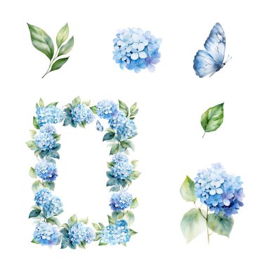 Suluboya ortanca, kelebek ve yapraklı çelenk, kart ve baskı için çiçek tasarımı