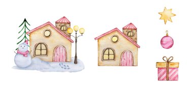 Ağaç ve karlı suluboya Cozy kışlık evi, Noel tasarımı