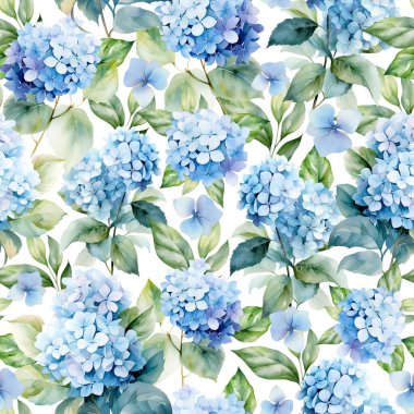 Suluboya mavi ortanca ve yapraklarla kusursuz desen, çiçek arkaplan