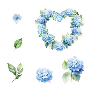 Suluboya ortanca, kelebek ve yapraklı çelenk, kart ve baskı için çiçek tasarımı