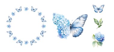 Suluboya ortanca, kelebek ve yapraklı çelenk, kart ve baskı için çiçek tasarımı