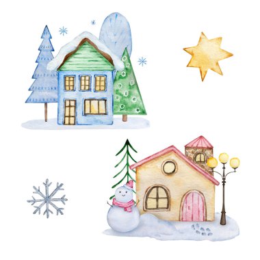 Ağaç ve karlı suluboya Cozy kışlık evi, Noel tasarımı