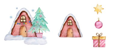 Ağaç ve karlı suluboya Cozy kışlık evi, Noel tasarımı