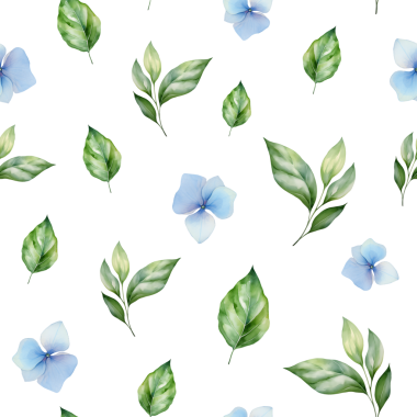 Suluboya mavi ortanca ve yapraklarla kusursuz desen