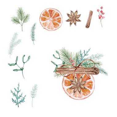 Turuncu ve kış yeşili suluboya Noel kompozisyonu