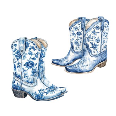 Mavi ve beyaz suluboya Kovboy Çizmeleri Chinoiserie süsleme sanat eseri, Viktorya dönemi baskısı