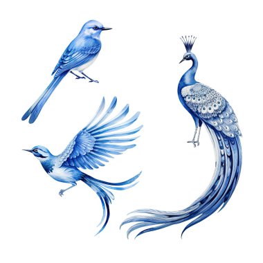 Mavi ve beyaz suluboya kuşlar ve Tavuskuşu Chinoiserie süsleme klasik sanat, Viktorya dönemi baskısı